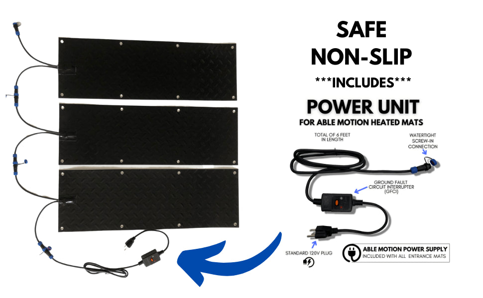 Able Motion Mobility Winter Safety AMM Able Motion Snow & Ice Melting Stair Mat Kit Includes 3 Mats and 120 V Power Supply Non-Slip 10”x 30”